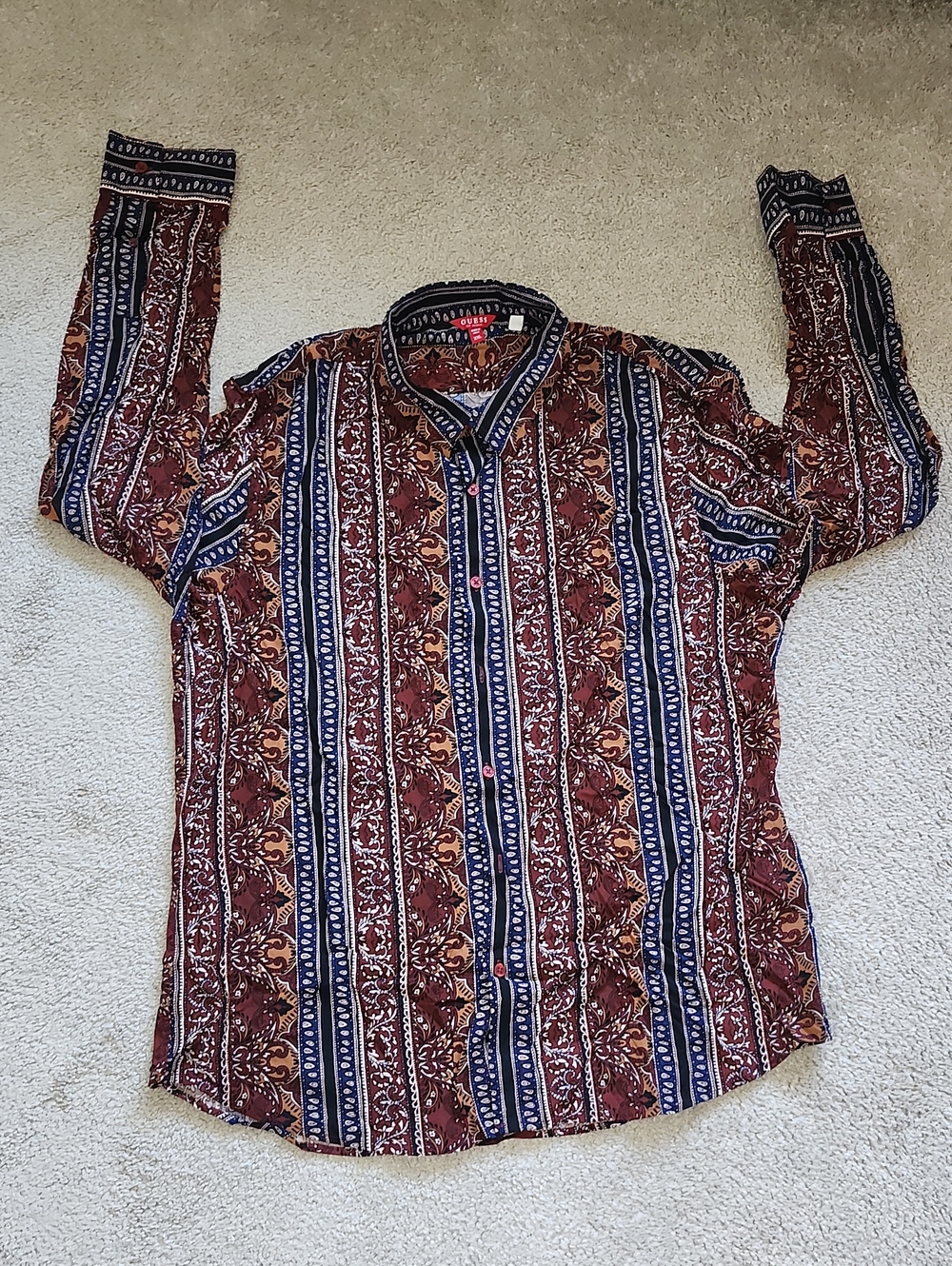 Guess Men's Brown and Blue Paisley Stripe Button-Down Shirt